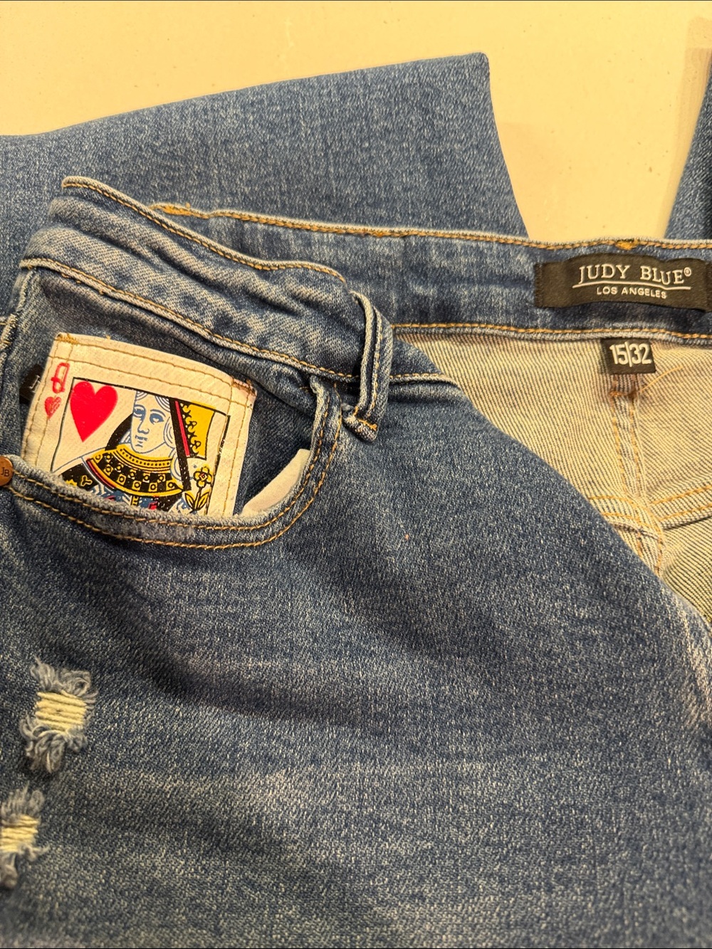 Judy Blue Blue Distressed Boyfriend Jeans with Playing Card Detail